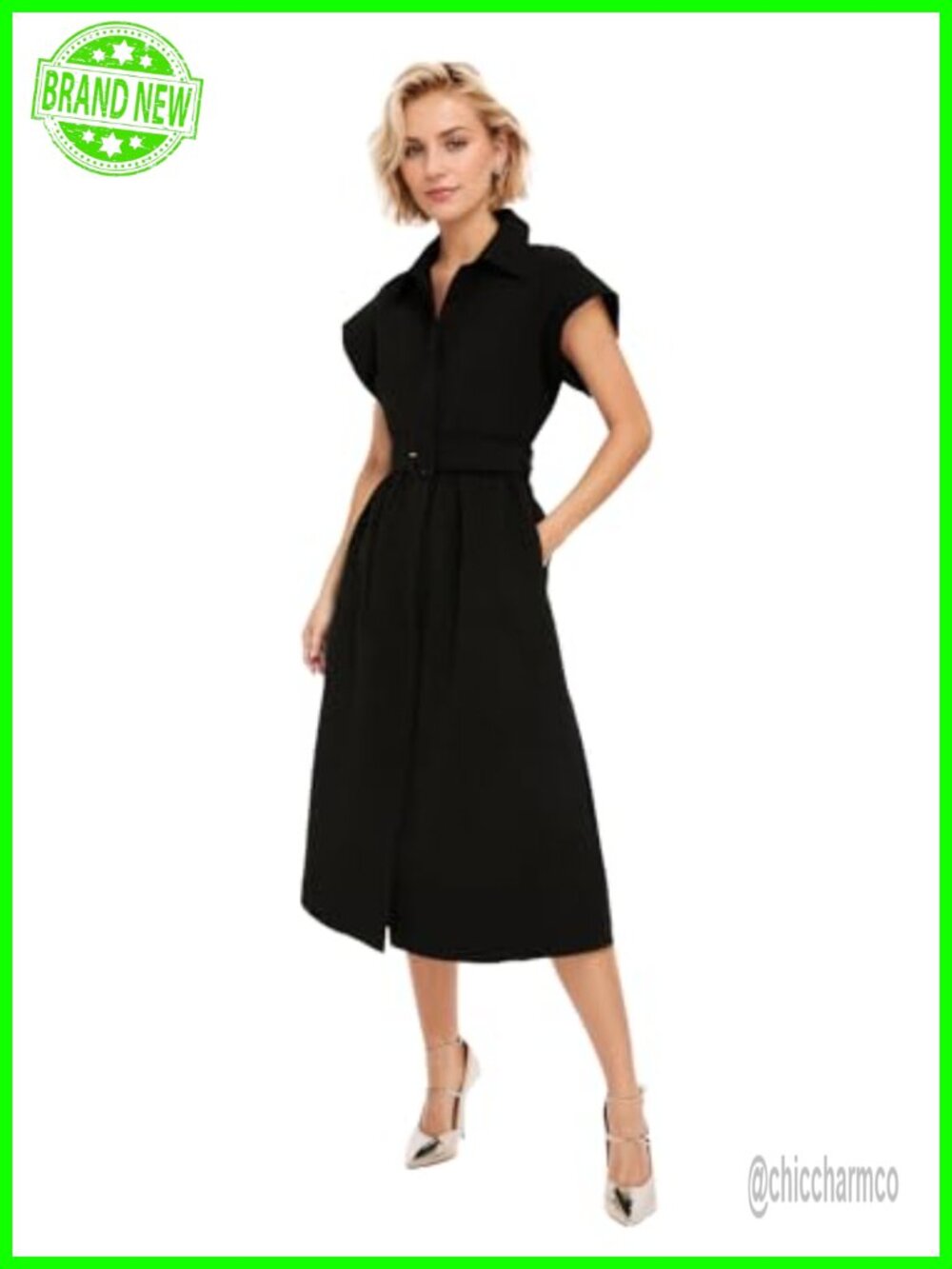 Women Button Down Shirt Dress Midi Wing Sleeve Belted Business Casual